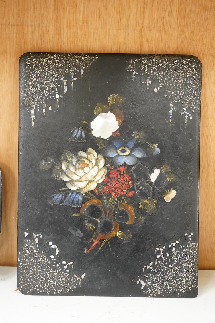 A collection of Victorian papier maché to include an inkstand, a pair of Victorian mirrored wall brackets and a swing handled dish, largest 30cm high